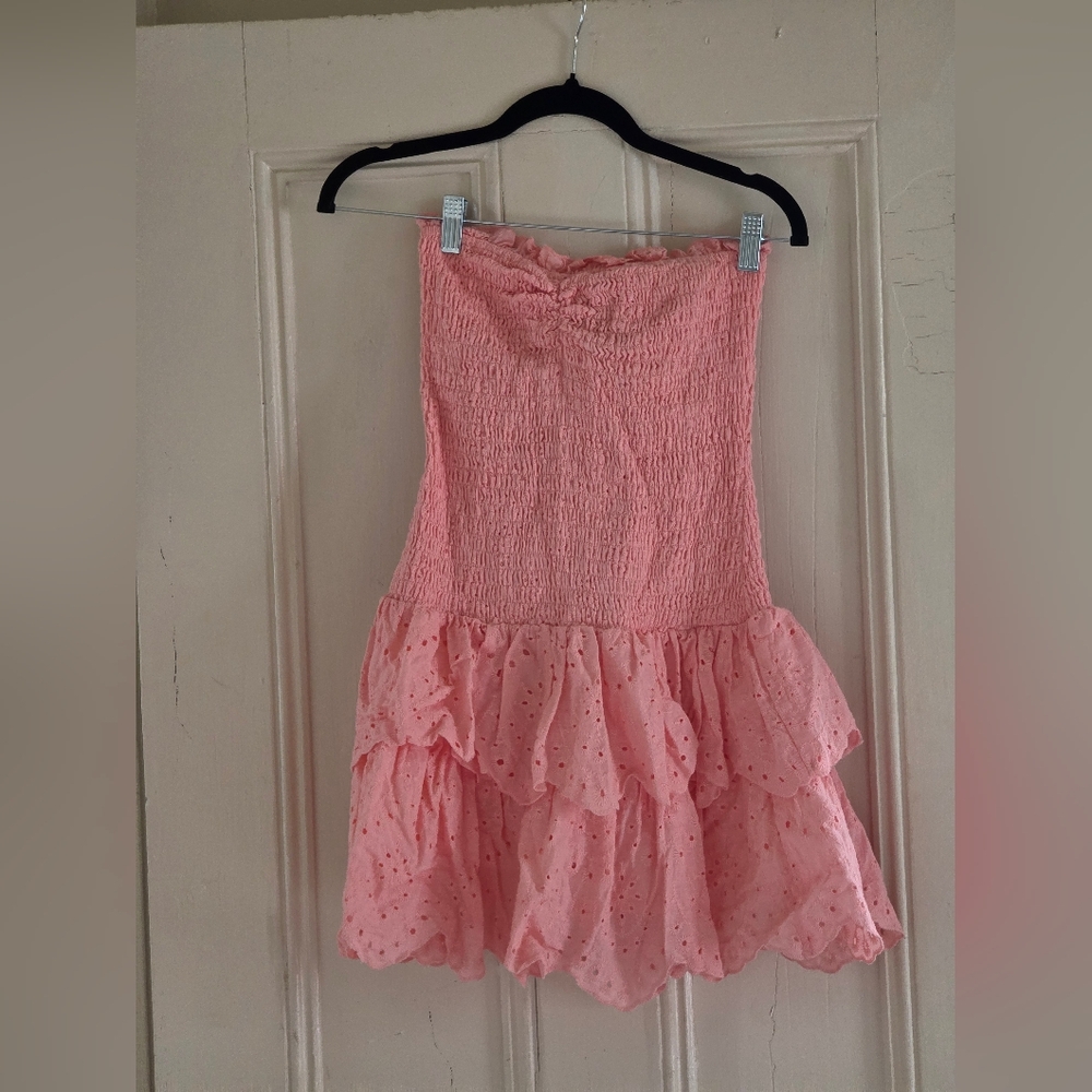 Smocked Strapless Pink Ruffle Eyelet Mini Dress Size S